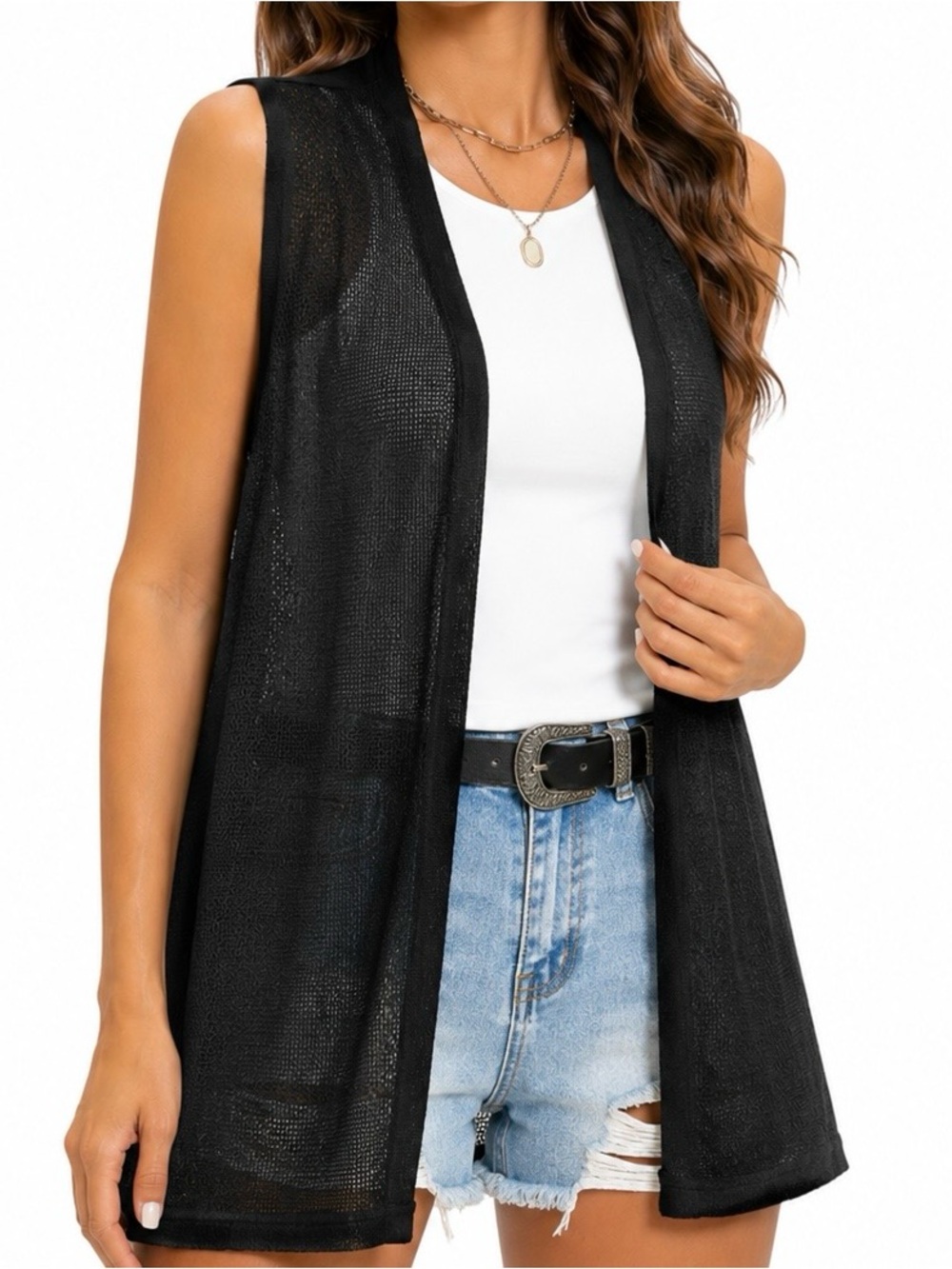 Acemi Black Sleeveless Open Front High Low Cardigan Vest L